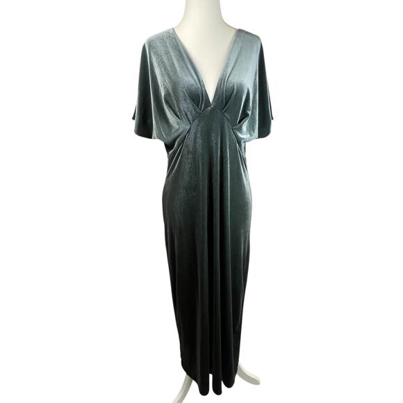 Zara Velvet Maxi Dress XL Sage Green Plunge V-Neck Kimono Sleeve Evening Gown - Picture 1 of 14